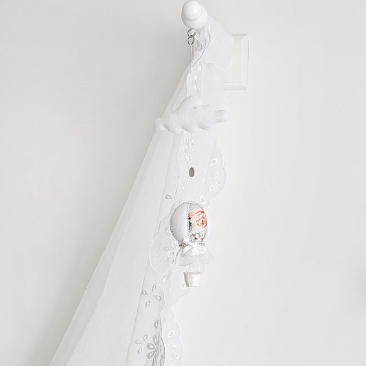 Luxury unique hot air balloon baby mobile with floral fabric and soft white cloud