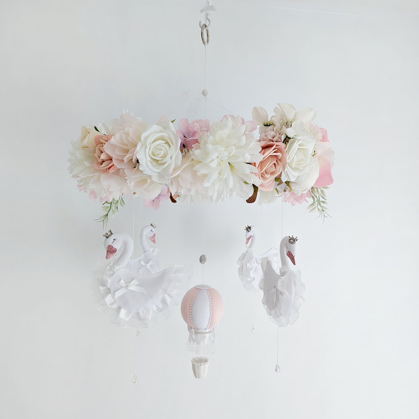Swan Ballet in the Clouds - Luxury Baby Mobile with Blush Balloon and Floral Crown