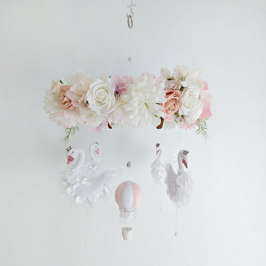Swan Ballet in the Clouds - Luxury Baby Mobile with Blush Balloon and Floral Crown