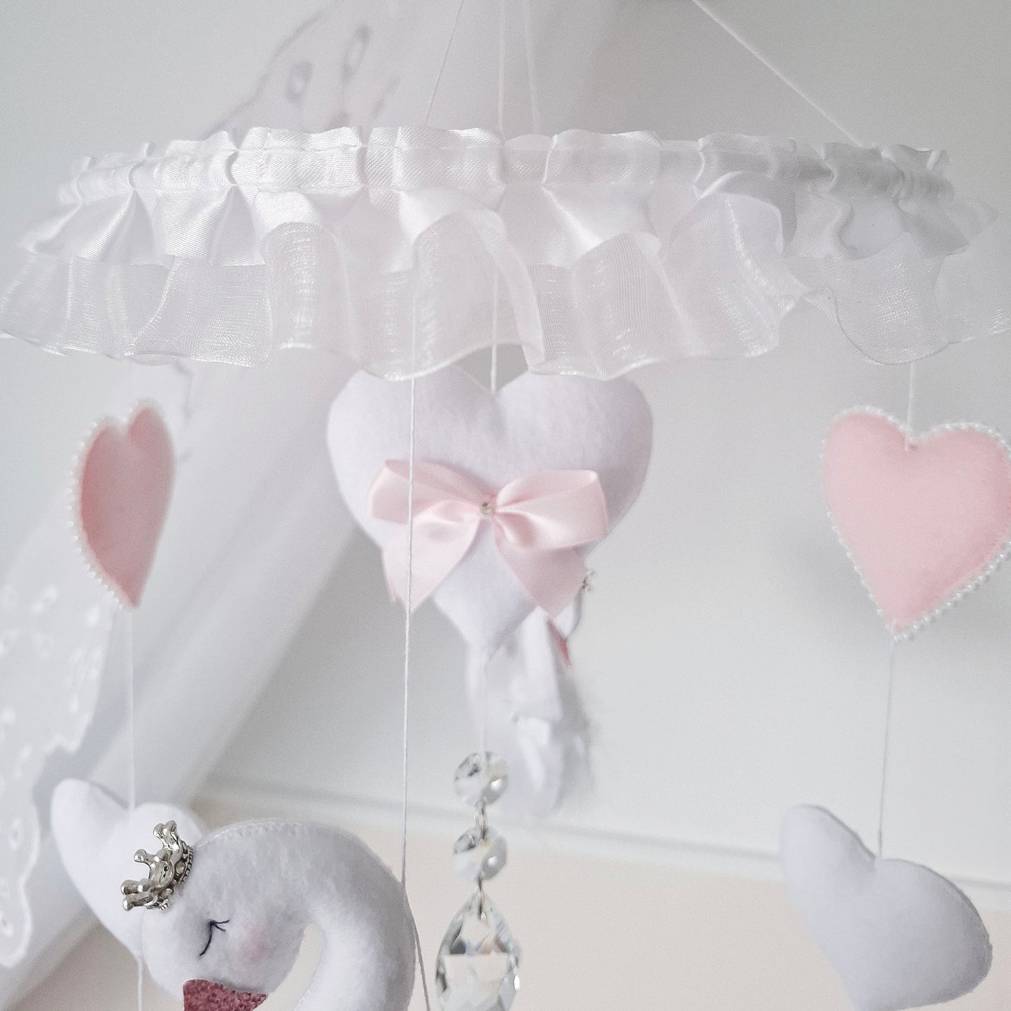 Handcrafted swan mobile styled in a serene nursery setting, perfect for gifting or adding magic to a little one’s room.