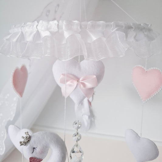 Handcrafted swan mobile styled in a serene nursery setting, perfect for gifting or adding magic to a little one’s room.