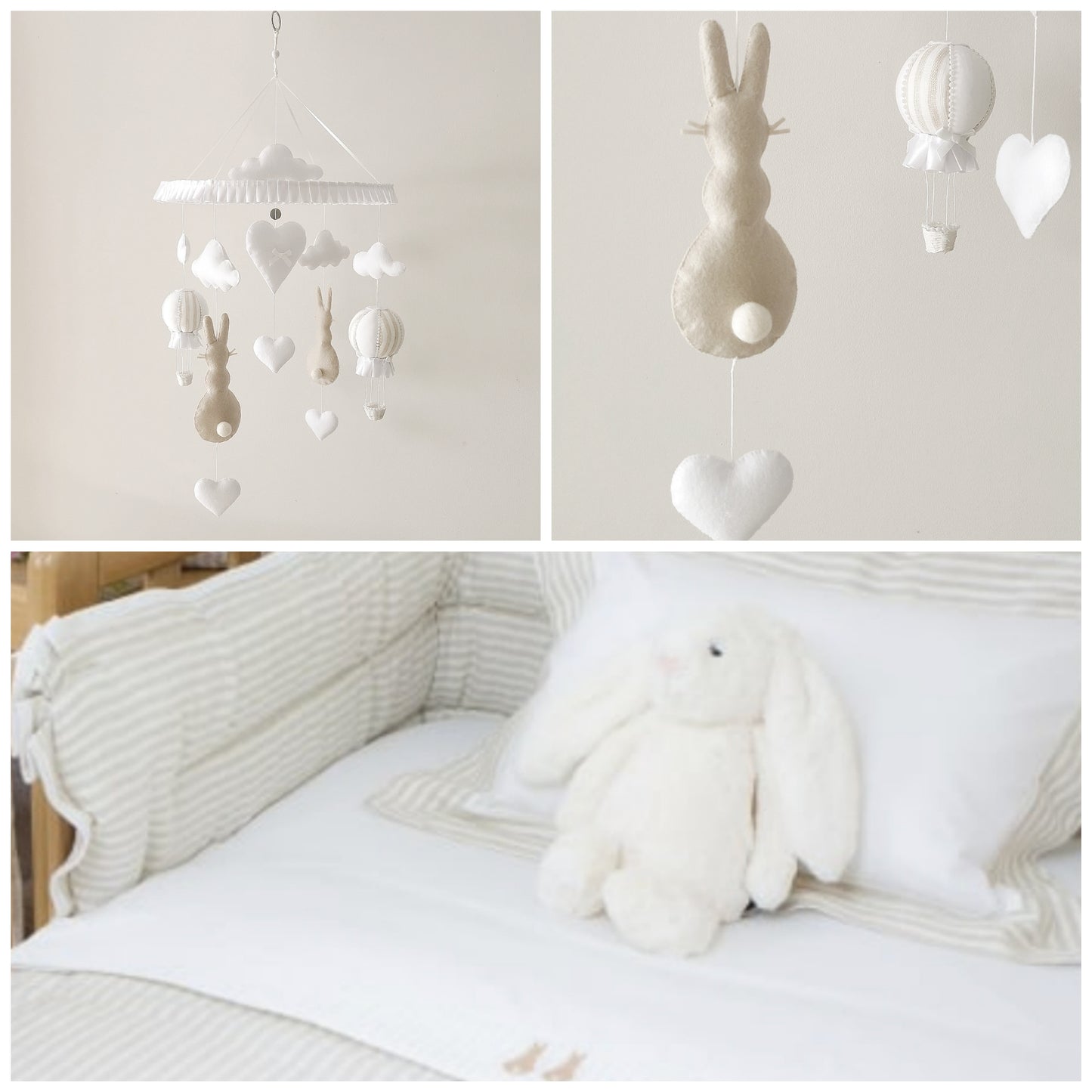 Luxury baby mobile in soft beige and white with handmade bunnies, clouds, and pearl-trimmed balloons for a calming nursery.