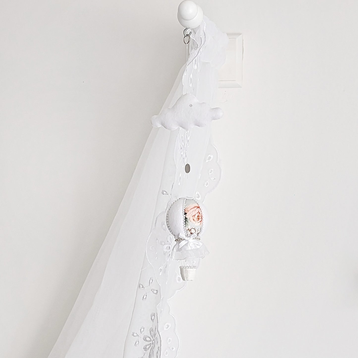 Luxury unique hot air balloon baby mobile with floral fabric and soft white cloud
