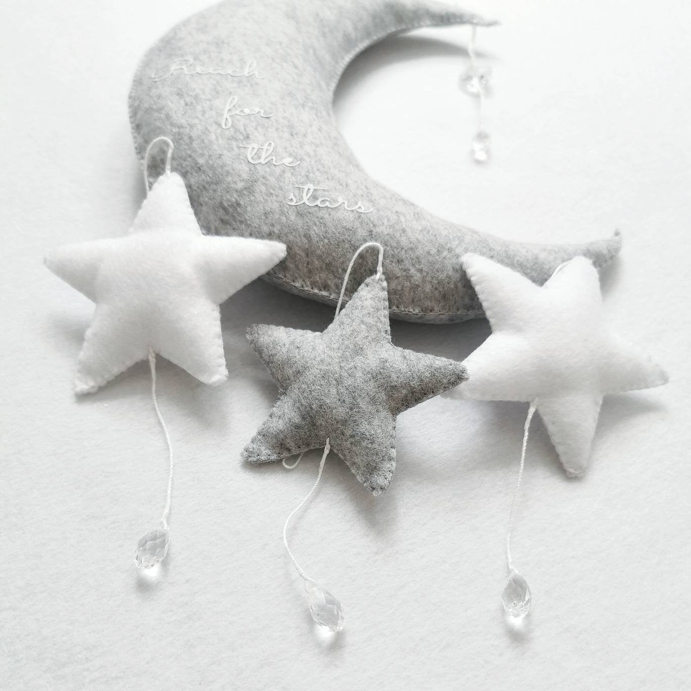 Handmade wall hanging with grey moon and soft stars, a sweet keepsake gift for a new baby or baptism.