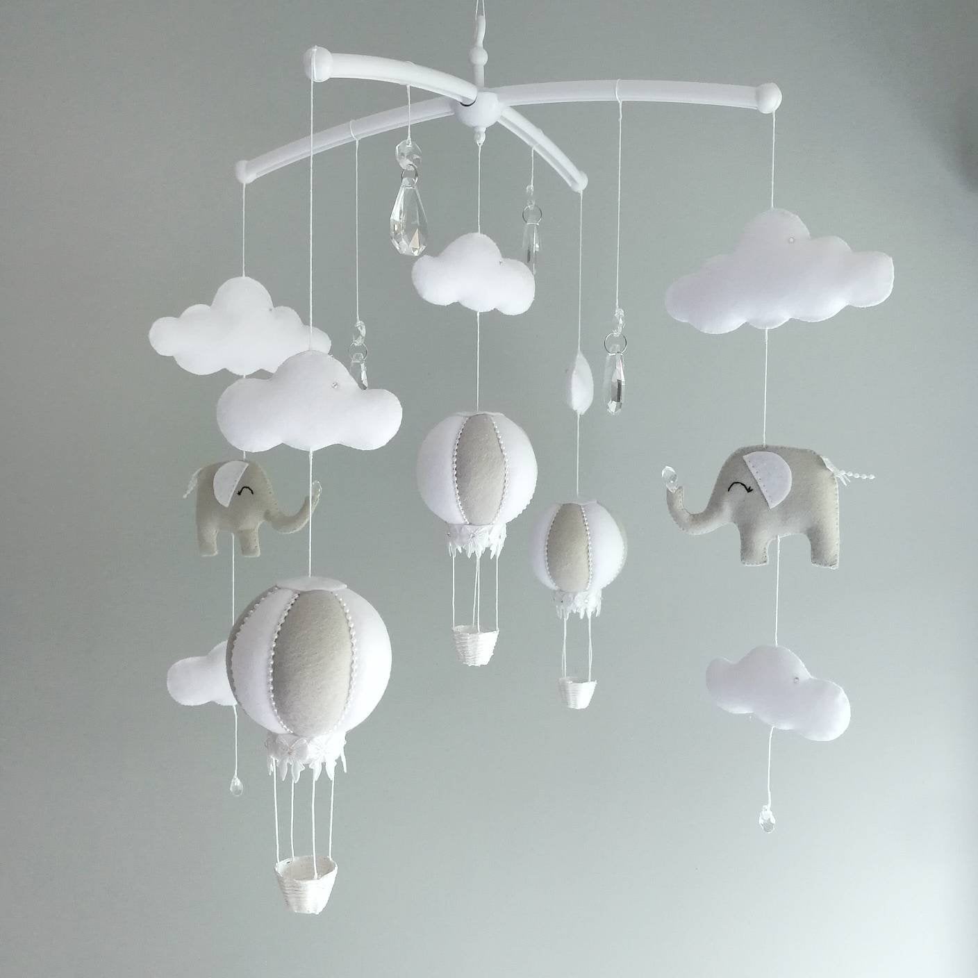 Grey & White Sleeping Elephant and Hot Air Balloon Baby Mobile