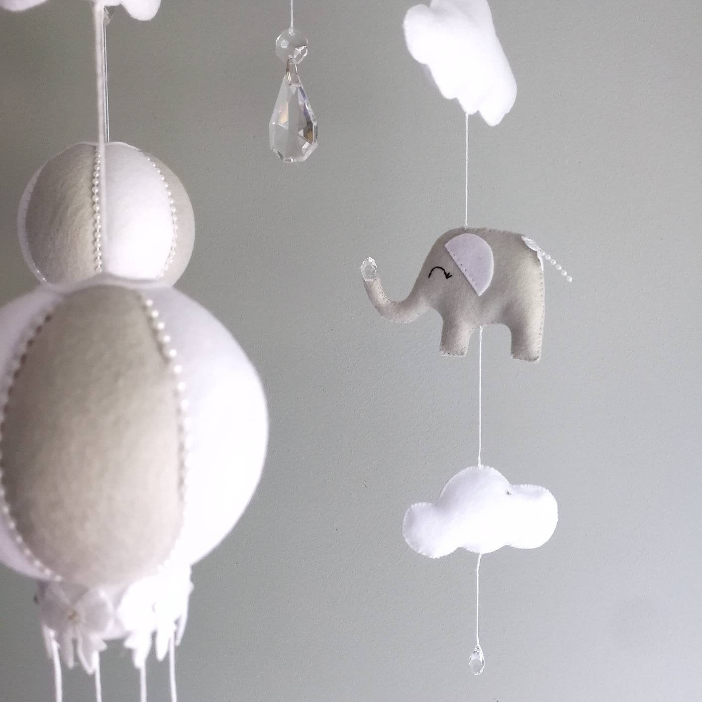 Grey & White Sleeping Elephant and Hot Air Balloon Baby Mobile