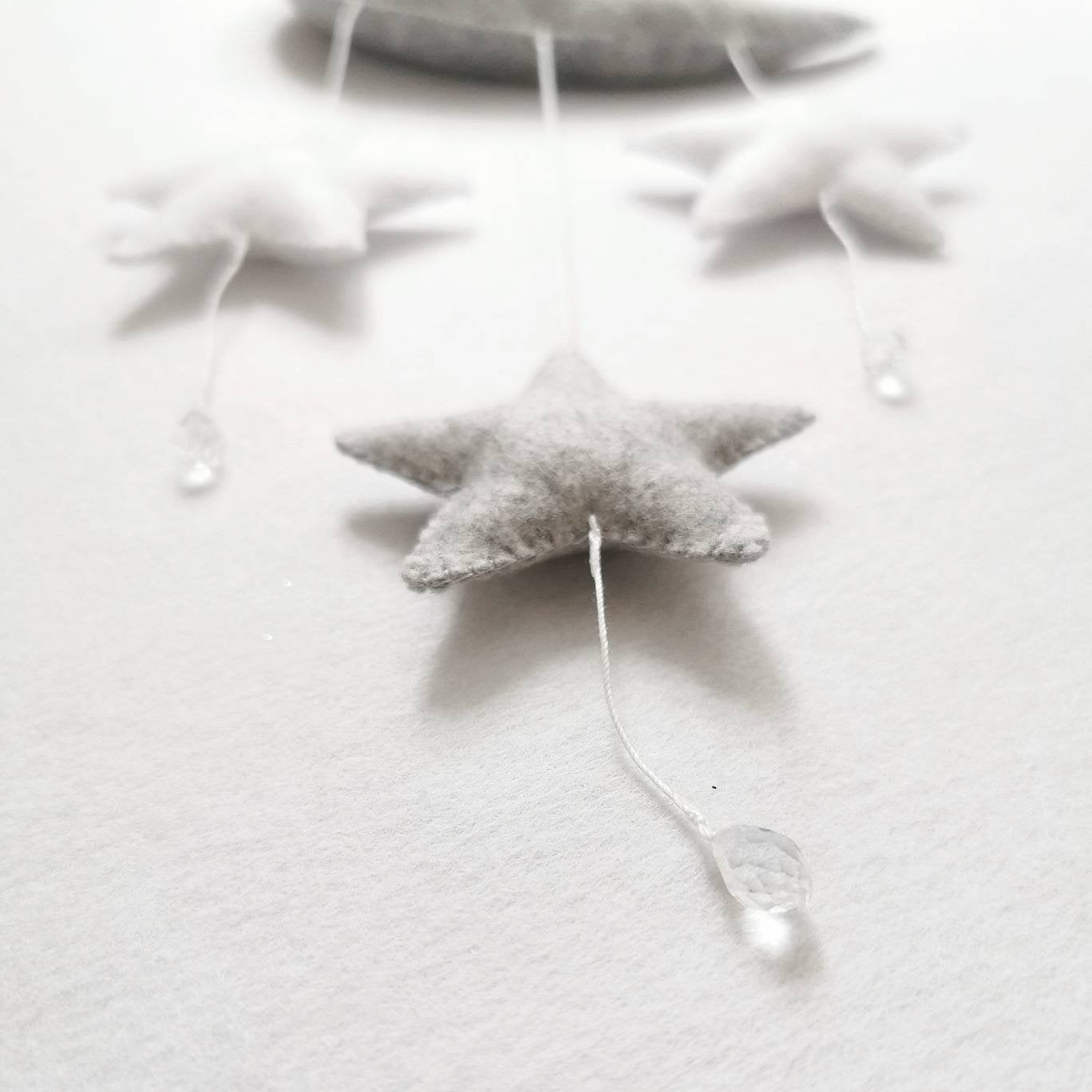  Minimal moon and stars wall charm in soft grey tones—beautiful as a gender-neutral new born gift or nursery décor.